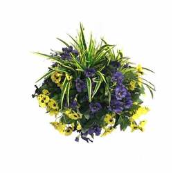 GIANT DELUXE PANSY ARTIFICIAL HANGING BASKET-Purple & Yellow